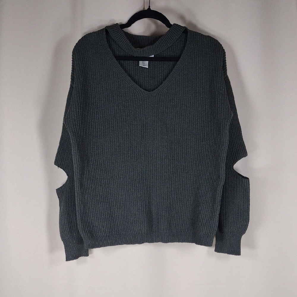 Ruby Moon Sweater Women’s XL Green Gray V-Neck Wool Cotton Stretch Casual Fall